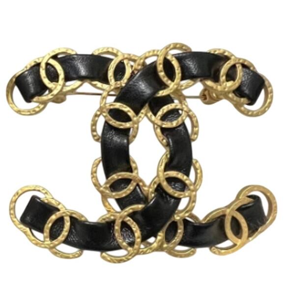 Jewelry - CHANEL Gold and Black Leather Braided Leather CC Brooch Autumn 2023 (CCXX012)